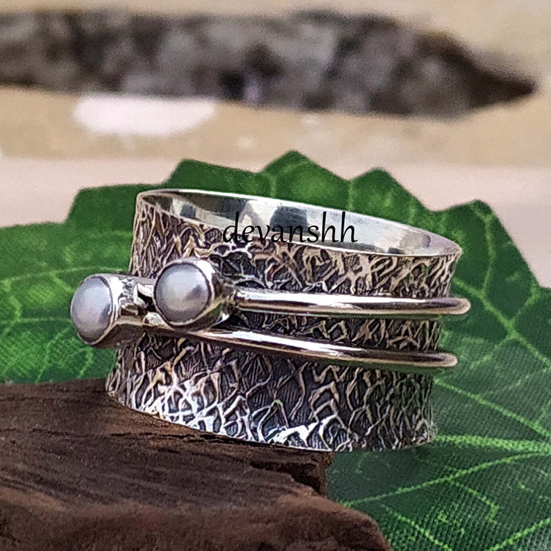 Worry Ring Vintage Ring Pearl Spinner Ring Meditation Ring For Women Dainty Ring Statement Ring,Gift Pearl Gemstone Ring Anxiety Ring