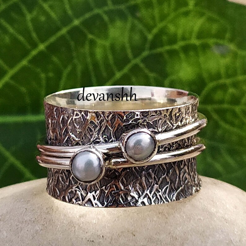 Worry Ring Vintage Ring Pearl Spinner Ring Meditation Ring For Women Dainty Ring Statement Ring,Gift Pearl Gemstone Ring Anxiety Ring