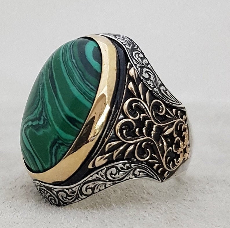 Handicraft Malachite Mens Ring Turkish Silver Men Ring Etsy