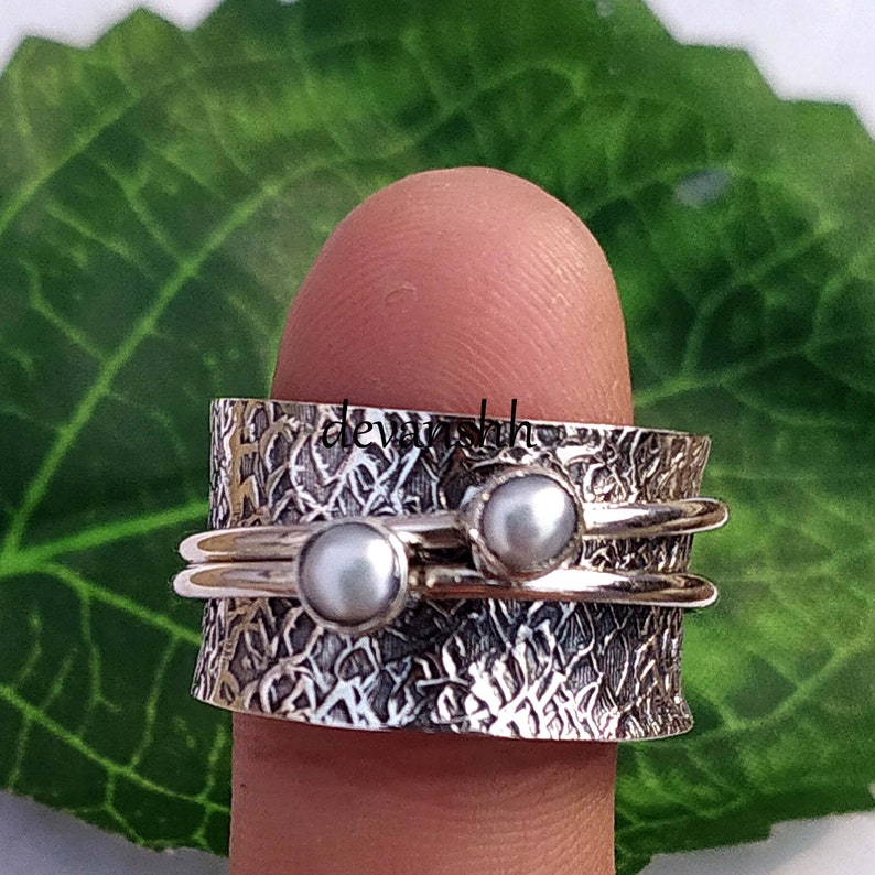 Worry Ring Vintage Ring Pearl Spinner Ring Meditation Ring For Women Dainty Ring Statement Ring,Gift Pearl Gemstone Ring Anxiety Ring