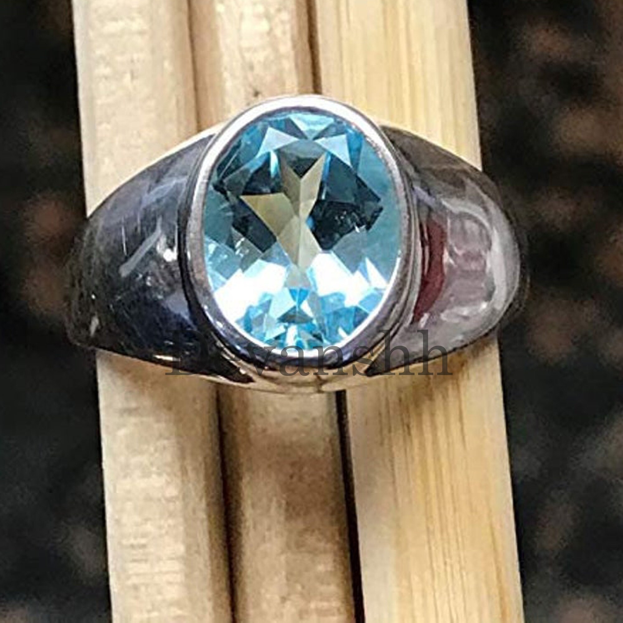 Natural Blue Topaz Mens Ring 925 Sterling Silver Gemstone Etsy
