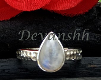 Natural Rainbow Moonstone Pear Cabochon 925 Sterling Silver Handmade Solitaire Blue Gemstone Handmade Ring Gift For Her