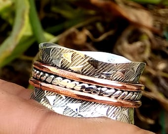 Spinner Ring-Handcrafted Band Ring-925 Sterling Solid Silver Spinner Ring-Thumb Band Spinner Ring-Two Tone Spinner Band Ring Gift For Girls