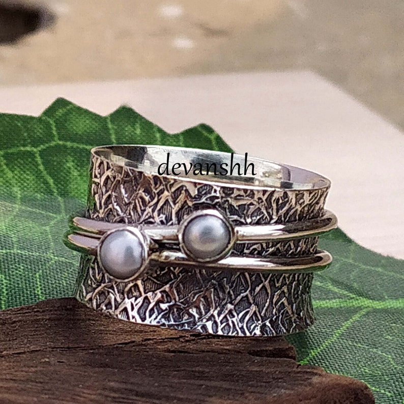 Worry Ring Vintage Ring Pearl Spinner Ring Meditation Ring For Women Dainty Ring Statement Ring,Gift Pearl Gemstone Ring Anxiety Ring