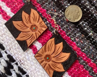 Hand tooled leather earrings Beautiful pair of earrings authentic leather Cowgirl earrings  Flower design Rodeo earrings Western style
