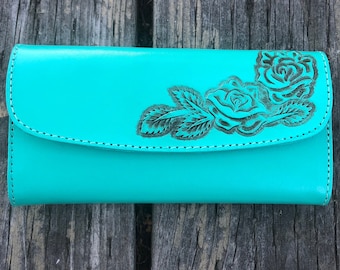 Hand tooled Leather wallet Genuine leather Triple folded Medium size wallet Authentic leather wallet hand crafted beautiful rose design