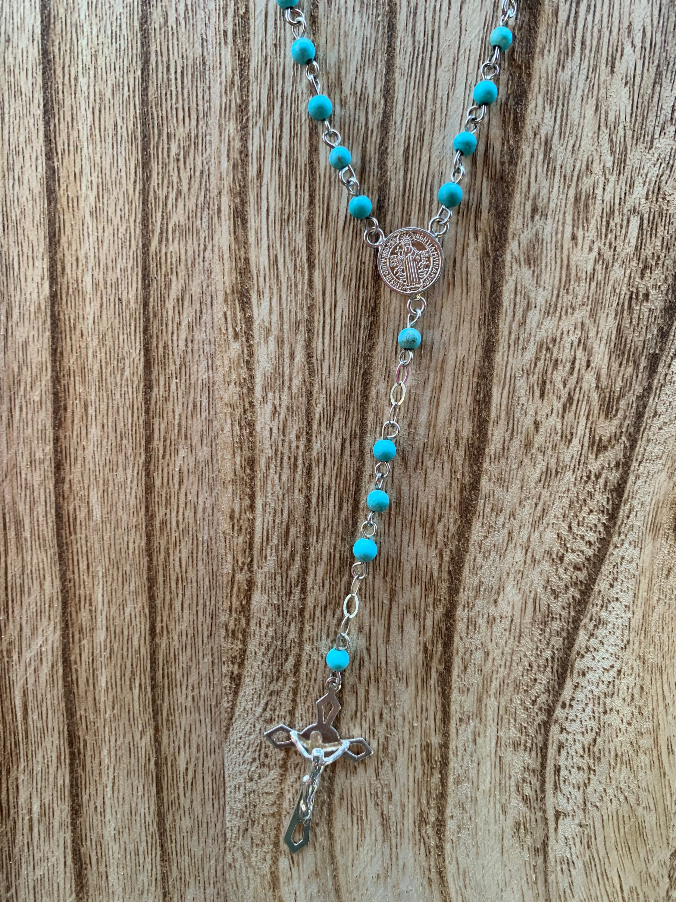 Rosario ZARD In Turchese Naturale Con Perline E Ciondolo - Gioiello Religioso