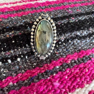 Genuine labradorite rings Authentic .925 sterling silver rings from Taxco Mexico Healing stones Stunning craftsmanship Protective amulet Long oval 2 moons