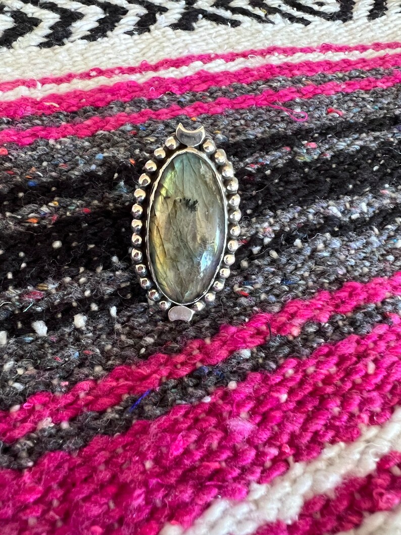 Genuine labradorite rings Authentic .925 sterling silver rings from Taxco Mexico Healing stones Stunning craftsmanship Protective amulet Long oval 2 moons