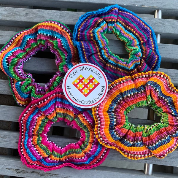 Set of 4 Mexican scrunchies handmade Technique "Telar de cintura" cotton from Mexico Hand crafted Hair accessories for girls Hippie girl