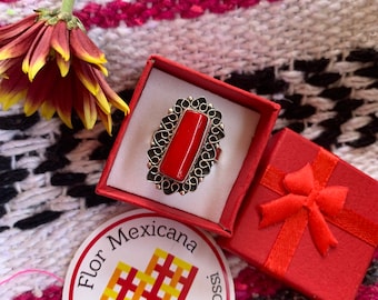 Natural red coral & sterling silver ring .925 Authentic stunning gemstones Beautiful Red coral Amulet Summer rings from Taxco Mexico