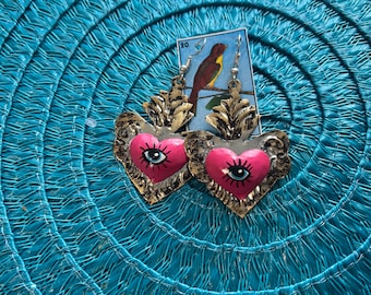 Sacred heart earrings Featuring the famous &quot;Evil eye&quot; El ojo que todo lo ve  Beautiful Corazon inspired earrings  from Guanajuato Mex.