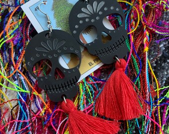 Pendientes de calavera pendientes de calavera de azúcar Hechos a mano Día de Muertos La Catrina Pendientes de borla Pendientes de Halloween Pendientes de moda mexicanos