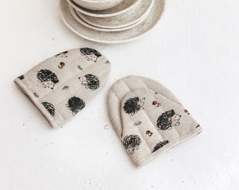 Linen Oven Mitt with Hedgehogs • Protective Cooking Glove • Pot Holder