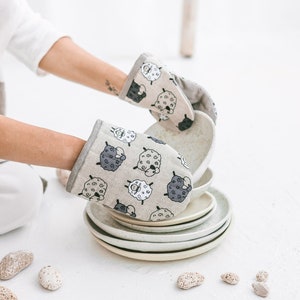 Pai of Handmade Mini Linen Kitchen Mitts • Protective Cooking Glove • SHEEP