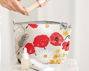 Linen Make Up Bag • Large Washbag Bag with the Zip WILDFLOWERS