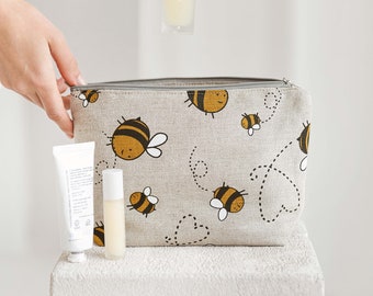 Linen Make Up Bag with Bumblebees • Large Cosmetic Bag with the Zip