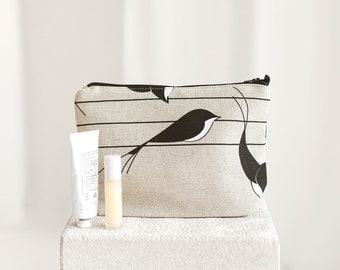 Linen Make Up Bag • Large Washbag Bag with the Zip SWALLOWS BIRDS