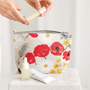 Linen Make Up Bag • Large Washbag Bag with the Zip WILDFLOWERS
