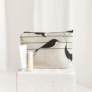 Linen Make Up Bag • Large Washbag Bag with the Zip SWALLOWS BIRDS