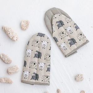 Handmade Large Linen Oven Mitts • Protective Cooking Glove • SHEEP