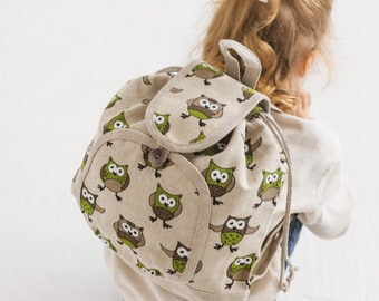 Kids Backpack with Pockets  • Linen Drawstring Eco Friendly Rucksack • Adjustable Straps • OWLS