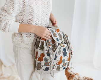 Linen Rucksack with Cheeky Cats  • Women’s Girls Drawstring Boho Bag • Festival Summer Backpack