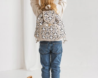 Kids Backpack with Pockets  • Linen Drawstring Eco Friendly Rucksack • Adjustable Straps • PANDAS