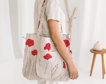 Linen Bucket Bag with Red Poppies • Handmade Boho Bag • Drawstring Lock Shoulder Bag • Large Front Pocket