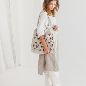 Linen Foldable Bag with Owls Handmade Shopping Tote Eco friendly Reusable Bag Bag with Deep Front Pocket image 3