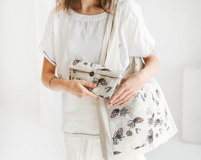 Linen Tote Bag with Pine Cones • Foldable Shopping Bag • Eco friendly Reusable Bag
