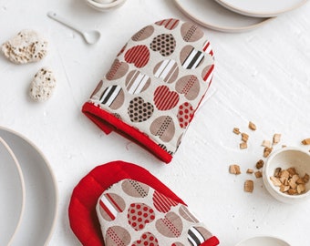 Linen Oven Mitt with Hearts •  Handmade Cooking Glove • Red Kitchen Glove • Pot Holder Xmas Gift