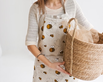 Linen Apron with Bumblebees • Apron for Gardening Painting Cooking • Apron with Deep Front Pocket