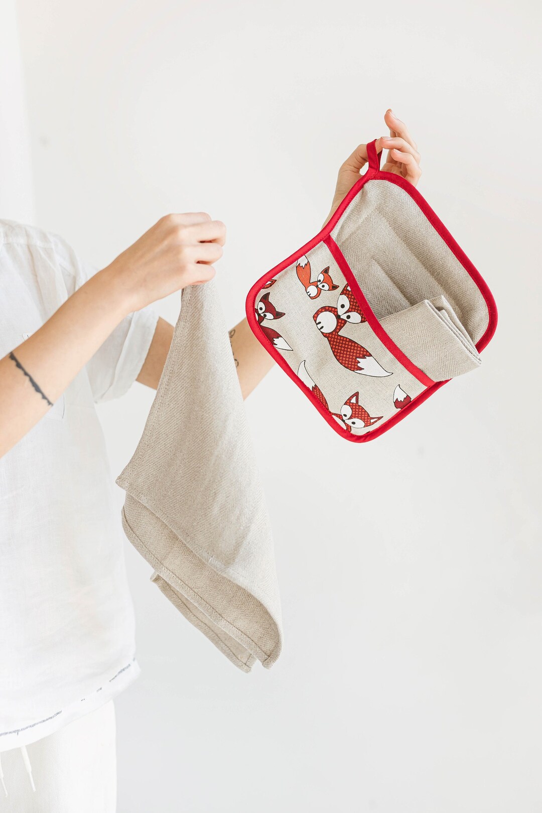 Fox Kitchen Set: Linen Coaster With Pocket and Tea Towels - Etsy