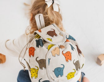 Kids Backpack with Pockets  • Linen Drawstring Eco Friendly Rucksack • Adjustable Straps • ELEPHANTS