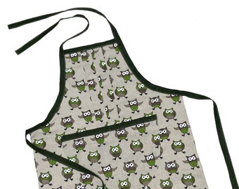 Linen Apron • Handmade Bib Apron • Apron with Deep Front Pocket • Apron for Kitchen or Gardening • GREEN OWLS