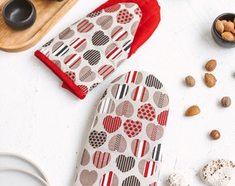 Linen Oven Glove with Hearts • Large Protective Cooking Mitts • Red Pot Holder