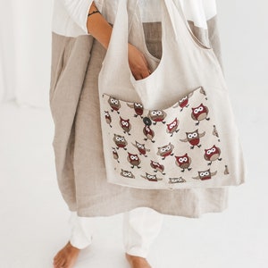 Linen Foldable Bag with Owls Handmade Shopping Tote Eco friendly Reusable Bag Bag with Deep Front Pocket Gray
