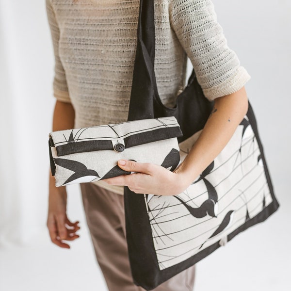 Linen Fold-up Tote Bag with Swallows • Reusable Shopper  Tote  • Eco Friendly Grocery Bag