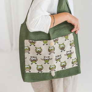 Linen Foldable Bag with Owls Handmade Shopping Tote Eco friendly Reusable Bag Bag with Deep Front Pocket Green