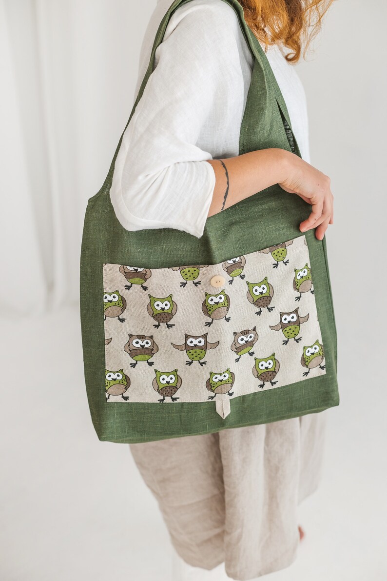 Linen Foldable Bag with Owls Handmade Shopping Tote Eco friendly Reusable Bag Bag with Deep Front Pocket Green