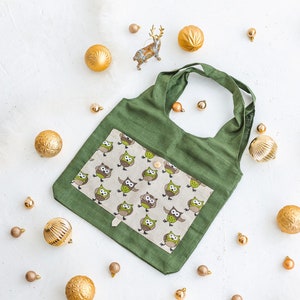 Linen Foldable Bag with Owls Handmade Shopping Tote Eco friendly Reusable Bag Bag with Deep Front Pocket image 9