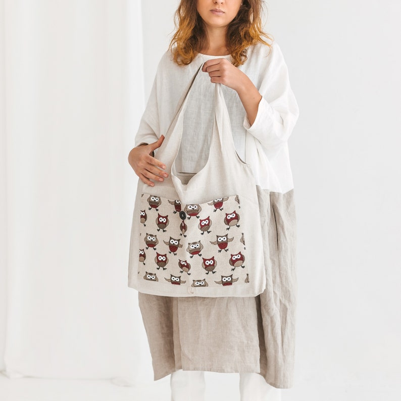 Linen Foldable Bag with Owls Handmade Shopping Tote Eco friendly Reusable Bag Bag with Deep Front Pocket image 2