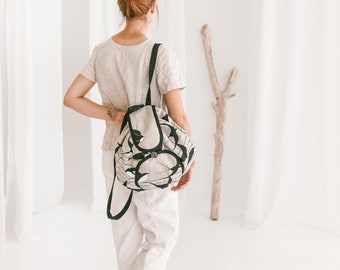 Linen Backpack with Swallows • Women’s Girls Drawstring Boho Bag • Festival Rucksack