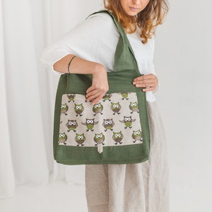 Linen Foldable Bag with Owls Handmade Shopping Tote Eco friendly Reusable Bag Bag with Deep Front Pocket image 6