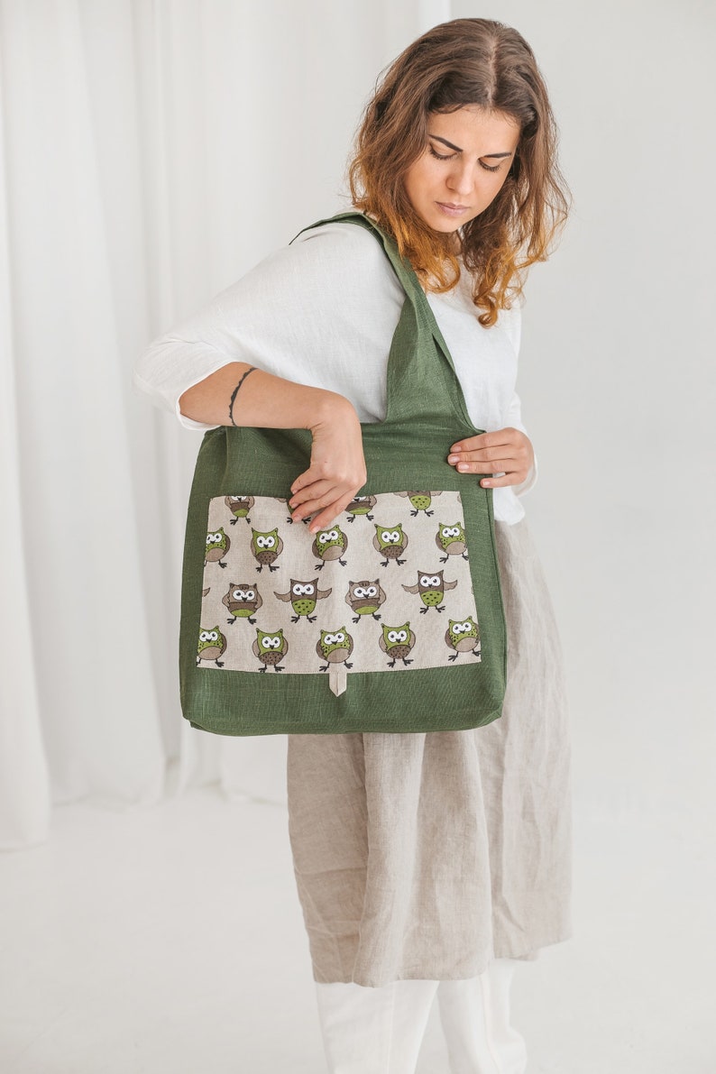 Linen Foldable Bag with Owls Handmade Shopping Tote Eco friendly Reusable Bag Bag with Deep Front Pocket image 6