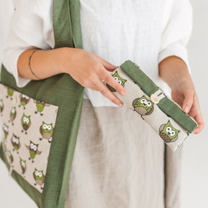 Linen Foldable Bag with Owls Handmade Shopping Tote Eco friendly Reusable Bag Bag with Deep Front Pocket image 4