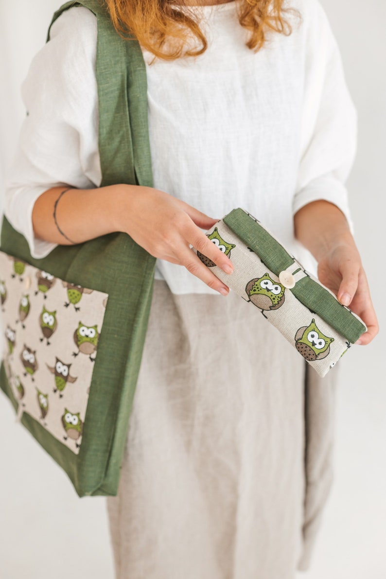 Linen Foldable Bag with Owls Handmade Shopping Tote Eco friendly Reusable Bag Bag with Deep Front Pocket image 4