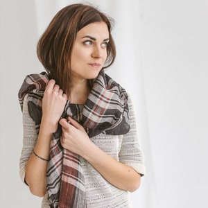 Plaid Linen Scarf: Long Unisex Tartan Scarf with Tassels