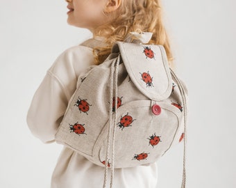 Kids Backpack with Pockets  • Linen Drawstring Eco Friendly Rucksack • Adjustable Straps • LADYBUG